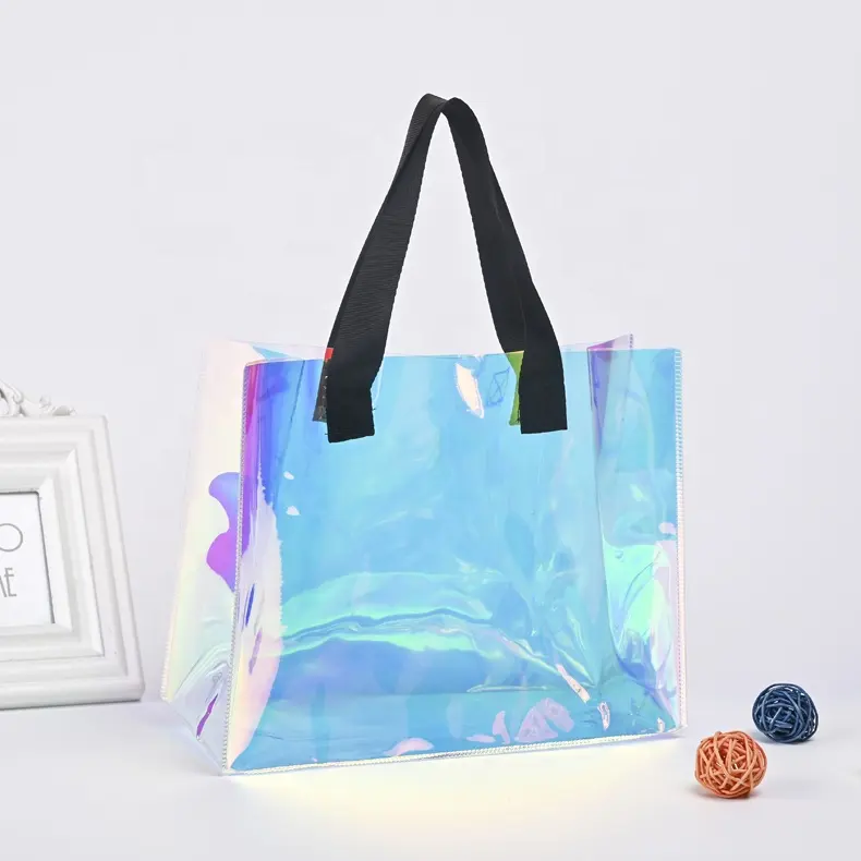 Wholesale Laser Iridescent PVC Holographic Bag Female Girls Summer Beach Custom Logo Rainbow Hologram PVC Mini Tote Bag