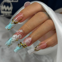 Faux ongles à presser en gros, faits main, en acrylique, carrés moyens, style 'Duck', dégradé rose-jaune, avec découpe, faux ongles français, couvrance totale 3D