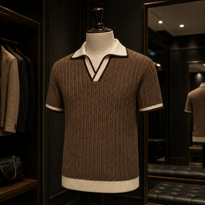 Polo de Golf Personalizado de Punto Acanalado para Hombre, Color Marfil, Estilo Old Money, Cuello Johnny, Ribete en Contraste, Marca Privada, Fabricante OEM ODM - Product Image 5