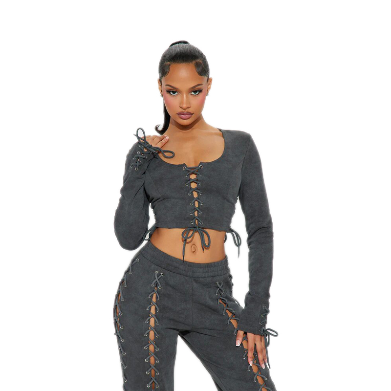 KY Women Long Sleeve Crop Top Outfits Fit Waistband Elastic Lace up Clothing Ladies 2 Piece Women Outfits · image 2
