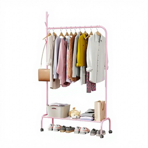 Pink Metal <b>Clothing</b> <b>Rack</b> with Wheels Double Tier Storage Shelf for Living Room Modern Multifunctional Wardrobe <b>Stand</b> - Product Image 5