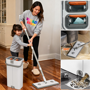 Homettler Stainless Steel <b>Microfiber</b> <b>Mops</b> and Bucket Set with Magic Handle Extra Refills and Wringer for Dirty Water Separation - Product Image 4