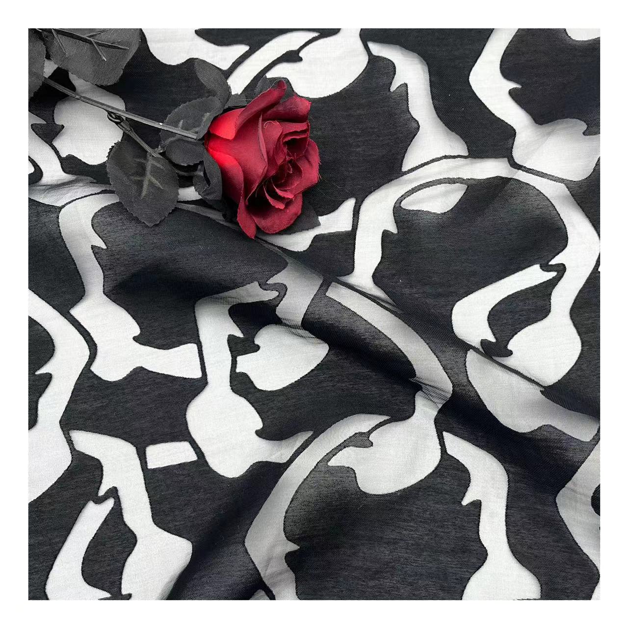 Manufacture Fashion 60%nylon 40%rayon See-through Black Jacquard Tulle Burn-out Flower Fabric for Dress