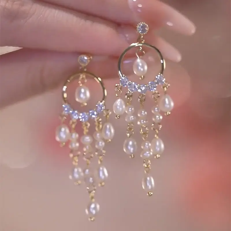 Korean Style Red Crystal Rhinestone Rose Flower Heart Earring Statement Jewelry Gold Plated Long Tassel Pearl Earrings For Women