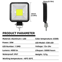12-24V 3 pulgadas 50W impermeable cuadrado COB coche Led luz de trabajo para motocicleta camión vehículo todoterreno Coche
