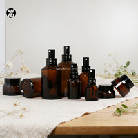 Flacon pulvérisateur en verre ambré à épaule inclinée de 100 ml et 200 ml avec pompe noire, et ensemble de pots cosmétiques marron pour crème, pour emballage de soins de la peau