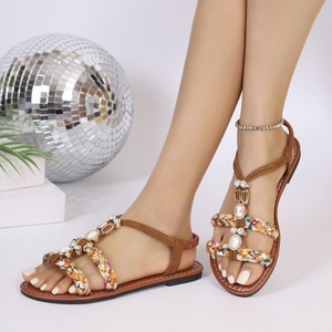 Sandales d'été bohèmes pour femmes, à lanières tressées florales, ornements en strass, chaussures plates élastiques à la cheville pour la plage - Product Image 3