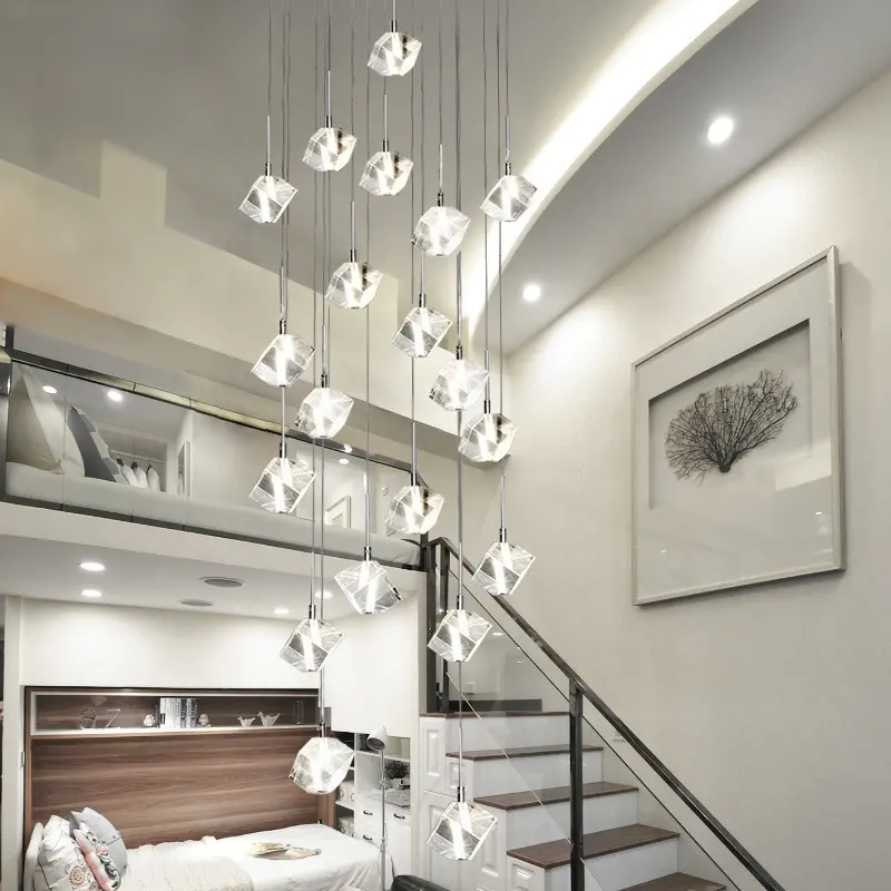 Lampu Plafon Desain Modern 2022, Lampu Gantung Kristal Kotak K9 untuk Tangga Lobi Hotel