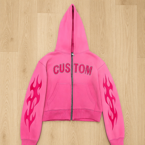 Custom 450gsm Cotton French Terry Y2K Streetwear <b>Pink</b> Rhinestone Flame Graphic Full Zip up <b>Hoodies</b> for <b>Men</b> - Product Image 3