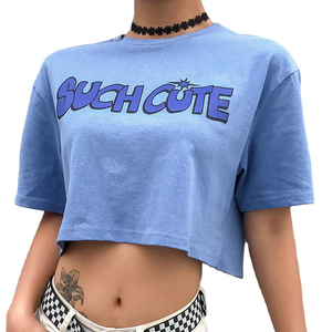 Nouvelle mode drôle femmes <span class=keywords><strong>basique</strong></span> plaine col rond manches courtes Crop T-<span class=keywords><strong>Shirt</strong></span> lettre graphique impression t-shirts doux bleu décontracté t-shirts - Product Image 2