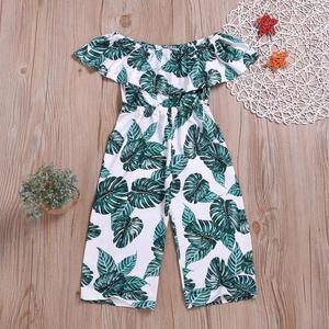Ropa de Verano, Mono con Estampado de Hojas y Hombros Descubiertos para Niña, Pantalones Anchos de Cintura Alta, Traje para el Sol, Mono para Bebé Niña - Product Image 1