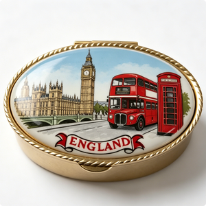 Caja de Recuerdos de Inglaterra con Diseño de Big Ben, Autobús Rojo y Cabina Telefónica, Tapa Redonda Pintada de Latón Chapado en Oro - Product Image 3
