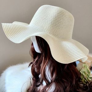 Super Fairy wanita musim panas terkulai jerami bergelombang dicetak gaya Panama kasual pelindung matahari harian polos grosir untuk liburan pantai - Product Image 3