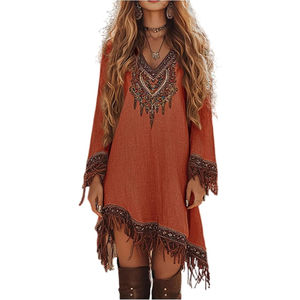 Robes de style occidental pour femmes Channel 2025, robes longues à manches longues imprimées, style cowgirl <span class=keywords><strong>chic</strong></span>, robes à franges asymétriques, robes mi-longues fluides - Product Image 2