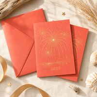 Carte de vœux personnalisée 2027 en papier coton corail avec feu d'artifice et port, dorure à chaud, impression de logo OEM et enveloppe