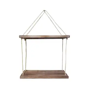 Wood Wall Floating Hanging Shelves With Triangle String Swing Rope Handicraft Wall Decor Shelves