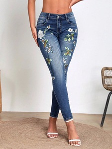 Jeans Skinny Extensibles Élégants pour Femmes, Style Européen, Broderie Motif Pot de Fleurs, Coupe Slim Fuselée en Denim - Product Image 4