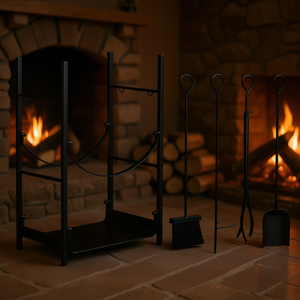 Soporte para Leña Negro con Pala, Escoba, Pinzas, Ganchos para Chimeneas Interiores y Exteriores, Diseño Industrial Metálico Independiente - Product Image 2