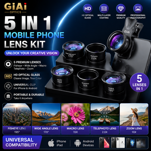Kit d'objectifs pour téléphone GiAi 5 en 1, objectif fisheye, grand angle, macro, téléobjectif, <span class=keywords><strong>zoom</strong></span>, accessoires de photographie HD pour <span class=keywords><strong>iPhone</strong></span> Android - Product Image 1