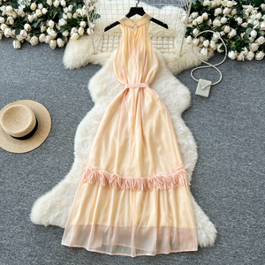 Robe bohème croisée à dos nu pour <span class=keywords><strong>femme</strong></span>, robe de plage d'été avec ceinture à nouer, ourlet à franges et jupe superposée transparente pour les vacances tropicales - Product Image 1