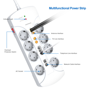 Multiprise de protection contre les surtensions Vastfafa 16A de type allemand 8 ports avec rallonge pour télévision - Product Image 5