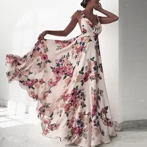 GDTEX Custom Elegant Ladies Floral Printing Open Back Vintage Sleeveless Fat Bottom Strip Long Dress for Women's Variable Scene
