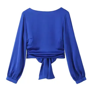 TAOP&ZA 2023 autumn new fashion puff sleeve blue women's sexy backless satin texture top short shirt 7484166