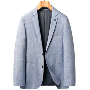 Homens de linho azul ternos de verão noivo casamento fino ajuste cinza smoking terno para negócios personalizado dois botões blazers de uso formal masculino