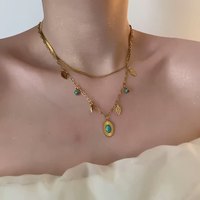 HOVANCI Accessoires en acier inoxydable Style océan Déclaration Double couche Turquoise Incrustation Feuille Pendentif Collier Chinois Magasin en vrac