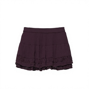 Jupe courte décontractée pour femme en mousseline de soie violette à volants, taille mi-haute élastique, couleur unie, tissu tissé, coupe classique - Product Image 1