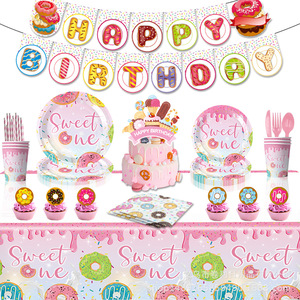 Articles de fête Donut : Vaisselle en papier 40-60 pièces, décorations d'anniversaire écologiques, impression numérique ronde - Product Image 4