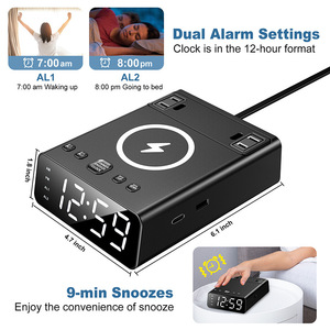 Comodino comodino Power Strip 2 prese sveglia veloce caricatore Wireless stazione <span class=keywords><strong>di</strong></span> ricarica Wireless <span class=keywords><strong>con</strong></span> doppio <span class=keywords><strong>orologio</strong></span> USB C USB A - Product Image 4