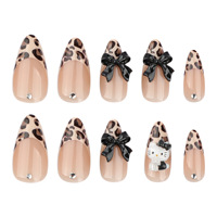 Fournisseur en gros Ongles artificiels français à imprimé léopard Faux ongles 3D à pois de chat avec diamants Faux ongles à presser design avec nœud