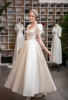 Robe de mariée moderne grande taille style français en satin léger longueur genou, robe de princesse blanche pour fête d'anniversaire