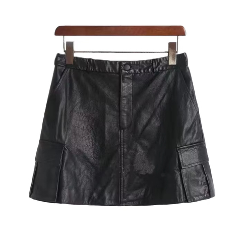 4308 Elegant Slim Real Black Genuine Leather Skirt for Ladies Breathable Streetwear
