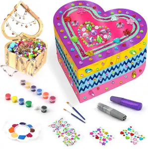 Verf Je Eigen Houten Kinderen Hartvormige Schat Diamanten Schilderij Sieraden Doos Kit Voor Peuter Meisje Kerst Kunstambachten Set