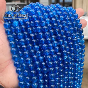 JD Biru Tua Manik-manik Kristal Kuarsa Popcorn Batu Alam Bulat Retak Manik-manik Longgar untuk Membuat Perhiasan DIY Gelang 4/6/8/10/12MM