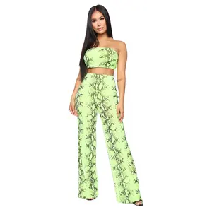 Ky Mesh Set Gevoerd Tube Top Wijde Pijpen Broek Hoge Taille Print Vrouwen Neon Tweedelige Flare Broek Snakeskin Broek skinny Hoge Kwaliteit