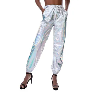 Pantalones de calle a la moda para mujer, calzas personalizadas metálicas brillantes de cintura alta para correr
