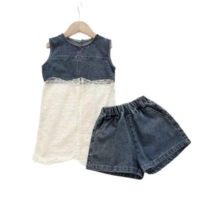 Completo Estivo per Bambine Nuovo Stile 2026 in Cotone Poliestere con Pizzo e Rete, Gilet in Denim e <span class=keywords><strong>Pantaloncini</strong></span>, Set Due Pezzi alla Moda - Product Image 5
