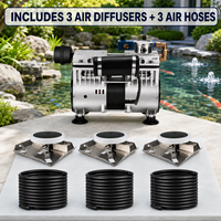 Aérateur de bassin à haut débit, ensemble complet avec compresseur sans huile 70L/min, 3 diffuseurs et tubes lestés pour lacs paysagers
