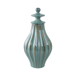 Vaso Decorativo in Ceramica Scanalata con Coperchio, Verde Teal, 12 Pollici, Scultura Decorativa per Soggiorno e Camera da Letto - Product Image 5