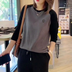 Women Color Block Long Sleeve <b>Top</b> Purple Black Splicing Soft Knit Loose Fit Plus Size Autumn Winter Base <b>Layer</b> - Product Image 2