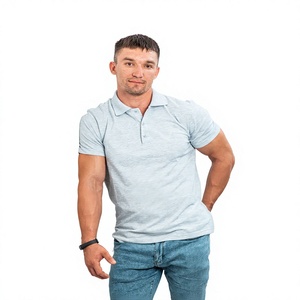 Polo à manches courtes en coton Oxford gris clair pour homme, respirant, coupe classique, décontracté, couleur unie, tissé - Product Image 1