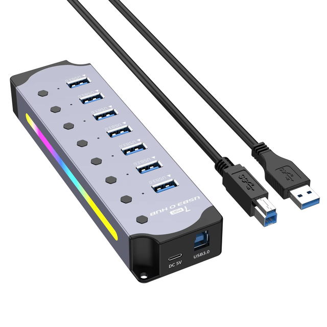 High Quality 3.0 USB 7 Port Aluminum Alloy Hub with RGB LED USB3.0 Splitter High-Speed Computer Extender 10in1 Model in Stock