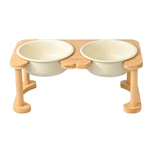 Mangkuk pemberi makan hewan peliharaan naik tulang belakang bambu dudukan antiselip dengan 2 mangkuk pemberi makanan dan air kucing dan anak anjing ditinggikan