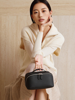 Sac de voyage pour cosmétiques et maquillage en cuir véritable, durable, portable, grande capacité, avec fermeture éclair, motif lettres, style tendance