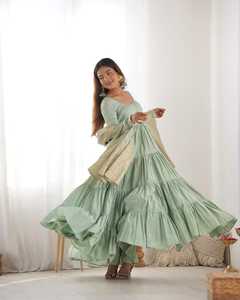 ชุดเดรส Anarkali ผ้า Romansilk Chanderi สำหรับผู้หญิง ทรงยาวบานออก ชุดสูทแบบดั้งเดิมสำหรับสุภาพสตรี เสื้อผ้าชาติพันธุ์สำหรับงานปาร์ตี้ แห้งเร็ว - Product Image 3