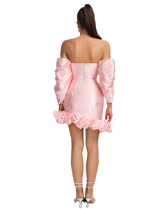 Verano mujer diseñador de moda vestido de cóctel rosa sin tirantes mangas de burbuja asimétrico elegante vestido corto cóctel - Product Image 3