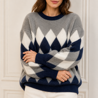 Pull personnalisé pour femme en tricot losanges gris, blanc, marine, mélangé, col rond, fabrication OEM ODM